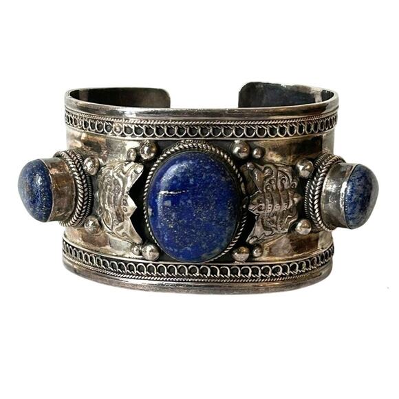 Vintage Sterling Silver & Lapis Lazuli Cuff Bracelet – 1970s Tribal Revival, 96g - Picture 1 of 8